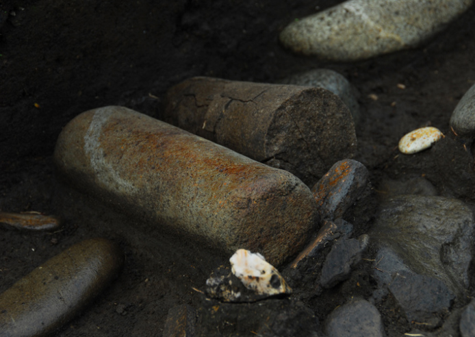 垣ノ島遺跡：盛土遺構削平部小丘地点の石棒出土状況